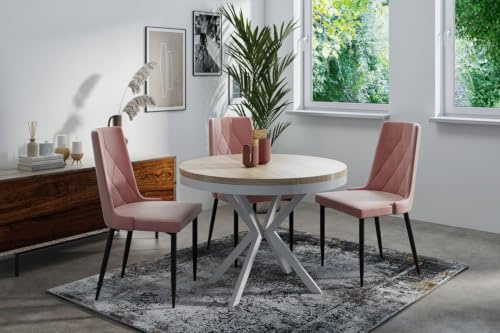WFL GROUP Runder Ausziehbarer Esstisch - Loft Style Tisch mit Weißen Metallbeinen - 90 bis 170 cm - Industrieller Tisch für Wohnzimmer - Kompakt - 90 cm - Sonoma Eiche