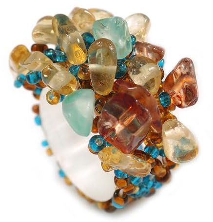Avalaya Bague flexible en forme de grappe de perles de verre ambré/bleu sarcelle/sable – Taille M, taille unique, Verre