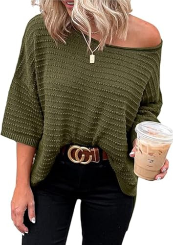 Cuptacc Pulls, Gilets et Sweats Femme 2024 Col Rond Manche 3/4 Oversize Knit Pull Femme Décontractés Vert foncé, Moyen M 38-40