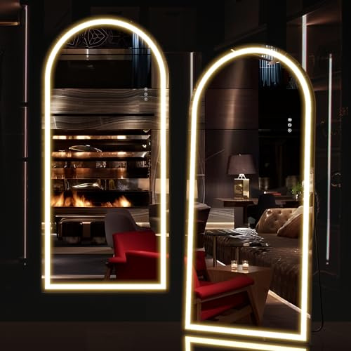 NEUWEABY Arched 165x60cm Full Body Mirror with Light, LED Floor Mirror, Wall Mounted Dimming & 3 Color Lighting for Bedroom, White