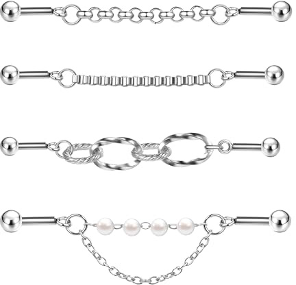 ZS 4Pcs 16G Chain Industrial Barbell Earring, 316L Surgical Steel Chain Cartilage Helix Stud Earrings, Industrial Bar Piercing Jewelry for Women Men