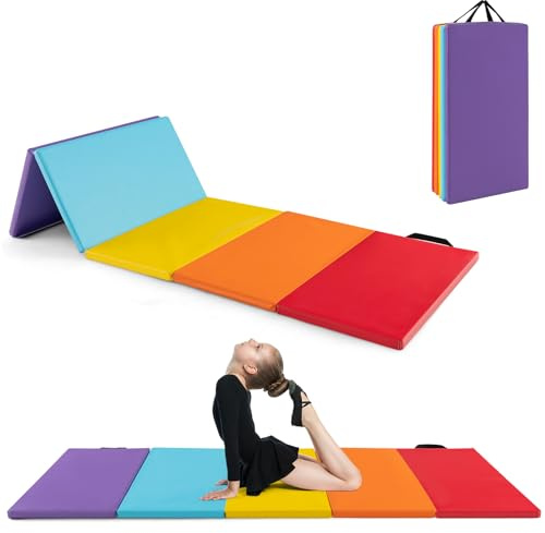 COSTWAY Colchoneta de Gimnasia Plegable de 200 x 75 x 3 cm, Esterilla de Gimnasia lmpermeable de 5 Paneles de PU, Estera de Ejercicio con Asas de Transporte para Gimnasio y Casa