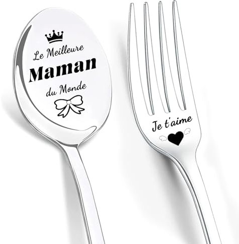 LIHIQIYA Cadeau Maman Anniversaire, Cuillère à Café avec Gravure, Fourchettes avec Gravure, Meilleure Maman du Monde, Je t'aime Maman, Cuillère à Café Personnalisé Cadeau Anniversaire Mama Original