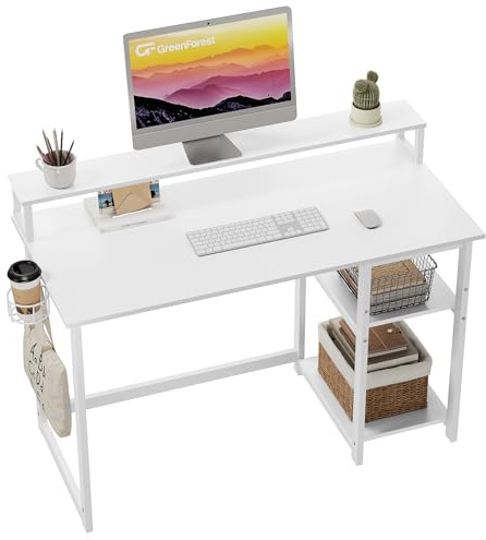 GreenForest 100 x 50 cm Schreibtisch Weiß mit Regal und Monitorständer, Kleiner Sekretär Schreibtisch, Bürotisch Weiss für Home Office, Reinweiß