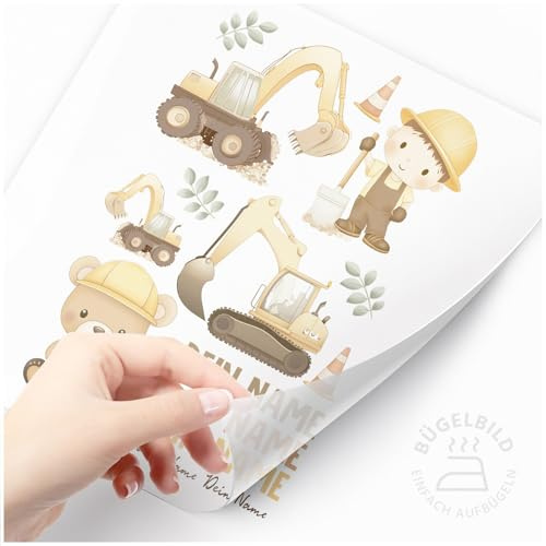 Moonworks® Bügelbilder-Set für Kinder Bagger Bär Personalisiert Wunschname Patches zum Aufbügeln auf Textilien Große Motive Set weiß standard