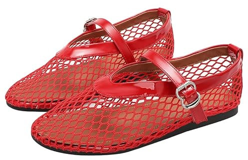 Balettskor i nät för kvinnor, mode bekväm rund tå fisknät plattor, spännrem Mary Jane casual ballerina, damer, bred bredd, vardagsklädsel för kontor, Mary Jane Flats, Xh05 Röd, 39 EU