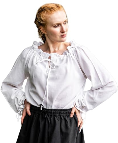 Leonardo Carbone® Damblus medeltida blus Edith | öppen axel | volangärmar | karneval, halloween, cosplay, LARP, kostym, medeltid, festliga kläder | 100 % bomull, Vit, S