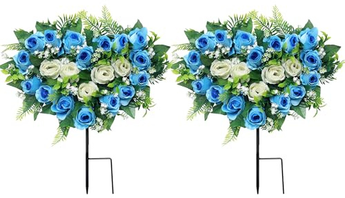 Lodou 2 Sets Artificial Cemetery Flowers, Grave Memorial Flowers with Ground Spike,Heart Shaped Wreaths Rose Flowers for Artificial Rose Decoration for Cemetery Headstones Gravesites (Blue)