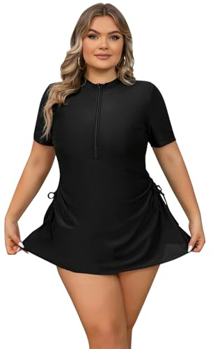 EFOGEP Plus Size Swimwear for Women: Ladies Swimming Costume Long Sleeve Zip Up Rash Guard High Stretchy Boyleg One Piece Swimsuit Surfing Modest Bathing Suit with Chest Pads Black Dress 4XL
