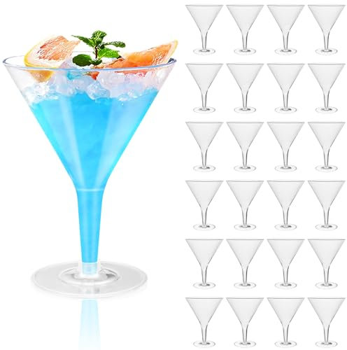 25 vasos de Martini de plástico, 200 ml, reutilizables, de plástico, copas de champán transparentes con mango, vasos de margarita para aniversario, fiesta, cumpleaños, boda