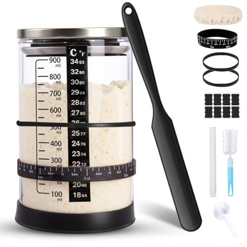 Tel Charme * Sourdough Starter Jar Kit, 1000ml Sourdough Starter Glass Jar with Date Feeding Band, Metal Lid, Complete Sourdough Bread Baking Supplies Tools Fermentation Jars, Home Baking Supplies
