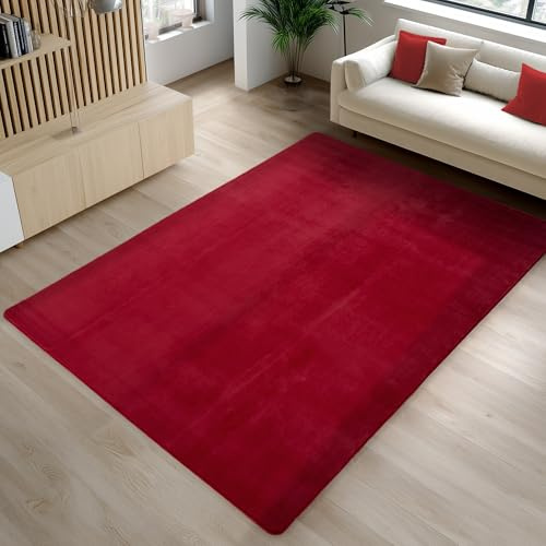 Carpetsale24 Kurzflor Teppich Wohnzimmer 160 x 220 cm Rot - Teppich Waschbar, rutschfest, Weich, modern einfarbig Design - für Schlafzimmer, Küche, Esszimmer