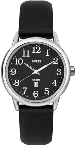 BUREI Damenuhr Schwarz Leder Armbanduhr Analog Wasserdicht Quarzuhr Damen Einfache Business Uhr für Frauen, Leuchtendes Leicht ablesbares Zifferblatt, Geschenke für Frauen (sliber, Schwarz)