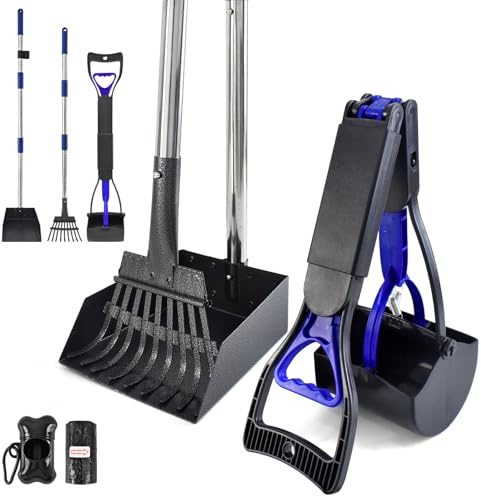 5-in-1-Hundekotschaufel-Set, 71,1 cm, tragbare Kotschaufel mit langem Griff, Edelstahl-Tablett und Rechen, robuste Kotschaufel für große, mittelgroße und kleine Hunde, inklusive 20 Kotbeutel und 1