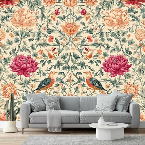 Carta da parati Fiori e Uccelli Stile William Morris Retro Fotomurali in TNT Murale alla moda Decorazione da Muro 200 x 140 cm Poster Gigante Design Carta per Arancione Verde
