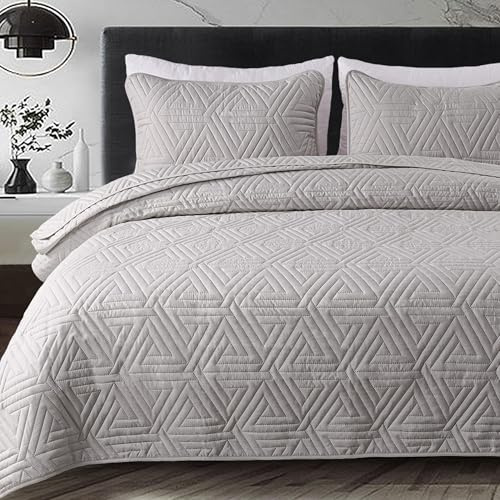 Whale Flotilla Colcha para Cama de 260 x 280 cm, Suave y Transpirable | Cubrecama Reversible y Ligero, con 2 Fundas de Almohada, Estampado Geométrico, para Todo el Año, Gris Claro