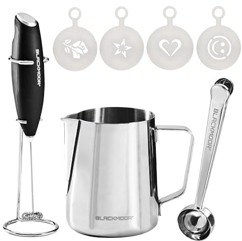 Blackmoor Barista Accessories Set - 600ml Milk Jug, Milk Frother, Coffee Scoop with Bag Clip & 4 Stencils/Create Café-Quality Lattes and Cappuccinos at Home/Coffee Gift Set 68489