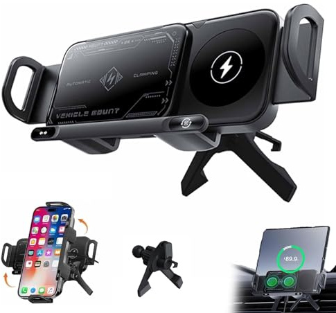 Explcior Support De Voiture Rotatif sans Fil, Support Intelligent 2 en 1 pour Téléphone Portable/Tablette, Support Rotatif à Une Touche pour Grille D'aération De Voiture, Charge Rapide(Noir)