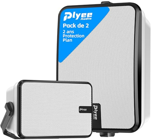 Plyee Audio 600W Altavoces Bluetooth para Exteriores,Sincronización Inalámbrica Entre Altavoces, Graves Potentes, Montaje En Pared para Terraza, Porche, Cenador, Garaje, Pack De 2, Blanco (Mz-658).