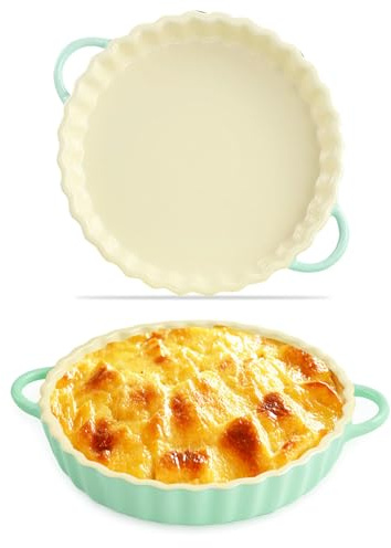 Jinfanshurich Keramik Tarteform Rund 26 cm mit Griffen, Quicheform & Auflaufform für Tarte, Pie & Kuchen, Ofenfest, Mikrowellen- & Spülmaschinengeeignet, Antihaftbeschichtet (Beige-Blau)