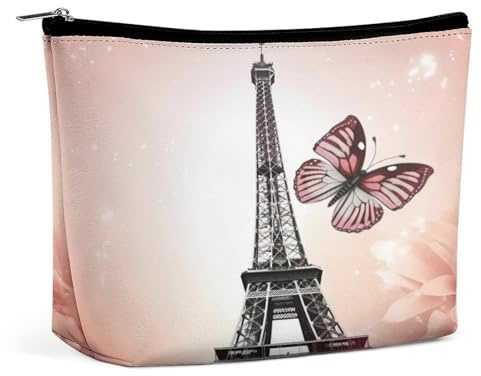 Travel Makeup Bags PU Leather Paris Tower and Butterfly Cosmetic Bag with Zipper Large Toiletry Bag for Women Waterproof Portable Makeup Case Organizer Cute Zipper Pouch Make Up Bags