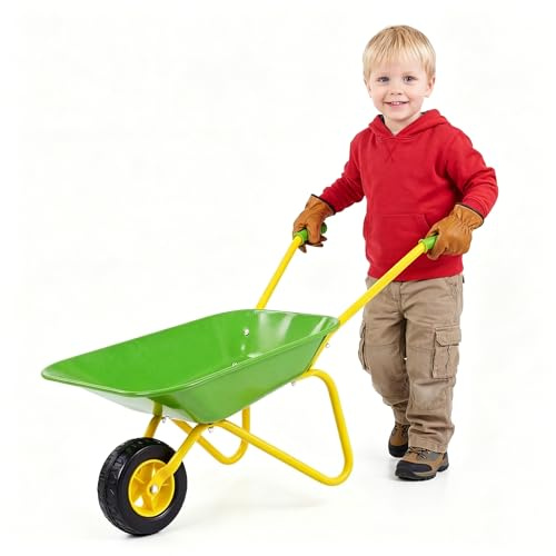 KOMFOTTEU Carretilla para Niños, Carrito de Playa Infantil con Rueda Todoterreno, Asa Antideslizante y Estructura Metálica, Carretilla de Juguete Exterior para Jardinería, Niños 3+ Años