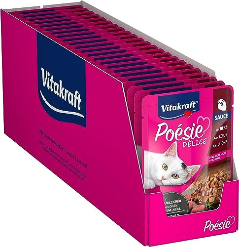 Vitakraft Poésie Délice, Katzenfutter nass, mit wertvollem Herz in Sauce, für ausgewachsene Katzen, ernährungsphysiologisch abgestimmt, ohne Zusatz von Zucker und Getreide (23x 85g)