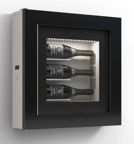 dafnedesign. com – Marco VINO – Expositor separados para tres botellas de horizontal. Estructura de metal. Estructura Puerta de aluminio. Marco de madera/HPL vetrocamera 20 mm. Junta magnético. Panel