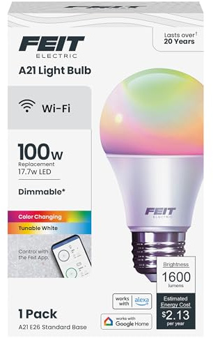 Feit Electric Smart Bulb, 100W Equivalent Color Changing and Tunable White, 2.4Ghz Wifi light bulb, No Hub Needed, Works with Alexa and Google Assistant, High CRI Dimmable LED OM100/RGBW/CA/AG, 1 Pack