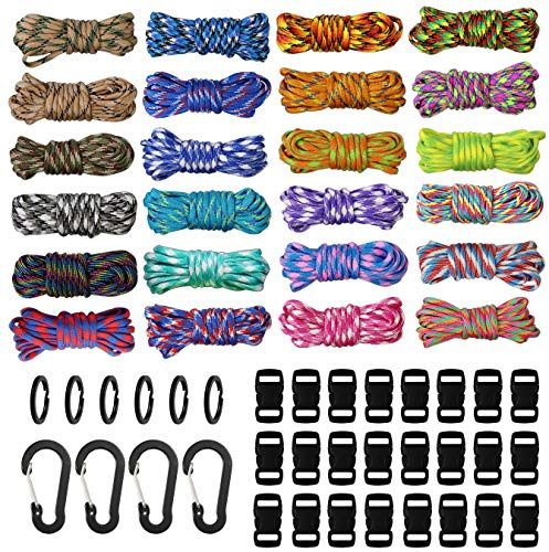 aufodara Kits de Paracord 240 Pieds 24 Couleurs Corde de Parachute avec 24 Paracord Boucles, 6 Porte-Clés et 4 Mousqueton, DIY Bracelet Collier Chien Activités de Plein air Tricoté à la Main