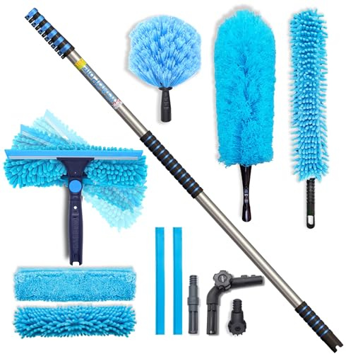 24ft IGADPole All-in-One Window Washing & Dusting Kit – Pivot Squeegee with 2 Washable Cloths, Cobweb Duster, Microfiber Feather Duster & Ceiling Fan Duster