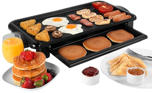 Salter EK4412 Electric Health Grill - Indoor Family Grill With Warming Tray Food Server, Non-Stick Flat & Griddle Plate, Detachable Temperature Control, Removable Drip Tray, Table Top Cooking, 2000W