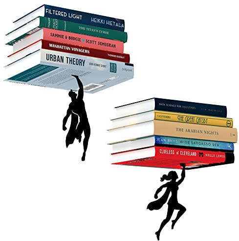 Artori Design schwebendes Bücherregal für Kinder, unsichtbares Metall-Bücherregal, Regal für Bücher zur Wanddekoration, für Buchliebhaber, Regale Wondershelf + Supershelf | Helden- und Heldin-Designs zusammen als Comic-Dekorakzent ohne sichtbares Montagematerial