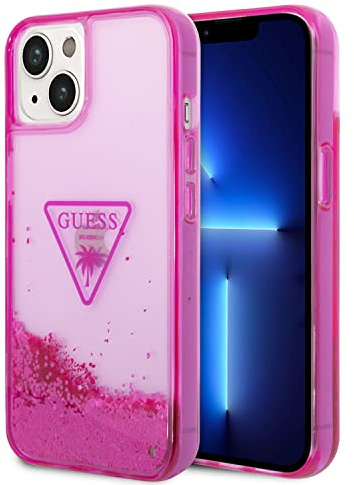 CG MOBILE Guess Coque de téléphone pour iPhone 14 Pouces Fuchsia, Liquide pailleté, Lisse, Durable et Anti-Rayures avec Facile à Clipser, Absorption des Chocs et Logo Signature