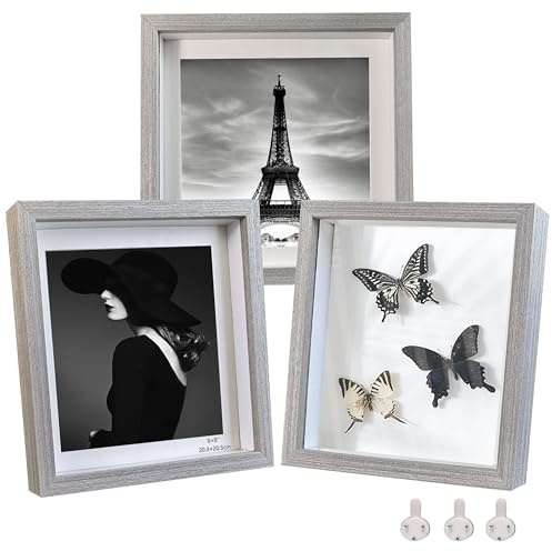 Marcos de caja de sombra Houstimi 8x8 grises, 3 marcos de fotos hechos de madera maciza y vidrio real, profundidad interna de 0,6 pulgadas para pared o mesa