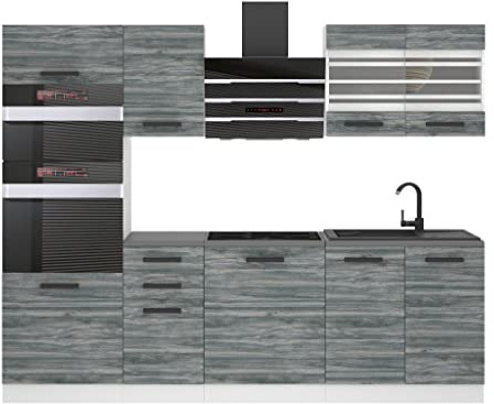 Belini Küchenzeile Küchenblock Tracy - Küchenmöbel 240 cm Einbauküche Vollausstattung ohne Elektrogeräten mit Hängeschränke und Unterschränke, mit Arbeitsplatten, Glamour Wood