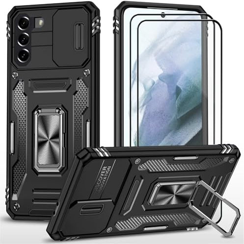 CLYDITE Coque pour Samsung S21 Plus étui avec 2 Verre Trempé Support magnétique Armure Robuste Antichoc Silicone avec Couvercle de caméra Coulissant Bumper-Noir