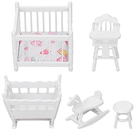 Meubles de chambre d'enfant de maison de poupée,blanc échelle 1:12 maison de poupée en bois lit de bébé bricolage maison de poupée miniature accessoires de meubles, meubles de maison de poupée m