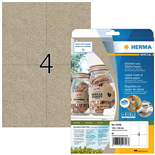 HERMA 10756 Universal Etiketten aus Graspapier, 20 Blatt, 105 x 148 mm, 4 pro A4 Bogen, 80 Stück, selbstklebend, bedruckbar, matt, blanko Silphie-Papier Klebeetiketten Aufkleber, natur-braun