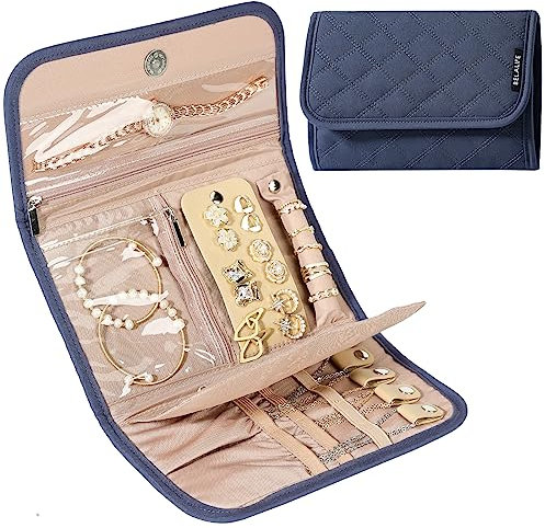 BELALIFE Organiseur de bijoux de voyage, rouleau de rangement pliable pour boucles d'oreilles, colliers, bagues, bracelets, broches, bleu-gris