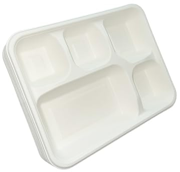 Be4Ever Sugarcane Bagasse 5 Fächer, starr und langlebig, geteilte Einwegteller für heiße, kalte, nasse und ölige Lebensmittel, Portionskontrollteller, umweltfreundlich (5 Fächer, 25 Stück)