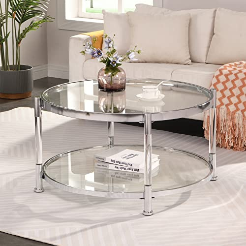 Lasadelgar 32 Tempered Glass Round Coffee Table Modern Chrome Frame Acrylic Legs Circle Living Room Center Tables