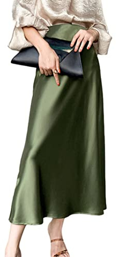 JACTZ Gonna Donna Elegante in Raso di Seta Midi A Vita Alta - Gonna Lunga A Line Wrap Maxi - Verde Oliva, XL