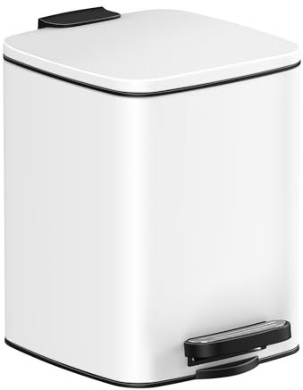 SONGMICS Kosmetikeimer, 6 Liter, Mülleimer Bad, kleiner Abfalleimer, Tretmülleimer, mit Pedal, für kleine Räume, mit Deckel, Softclose, Stahl, weiß LTB590W0602