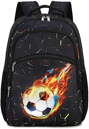 LOIDOU Skolryggsäck för pojkar, skolväska, ryggsäck för flickor, lätt, lämplig för barn, skolväskor, fritidsgåvor, Flamma fotboll, L