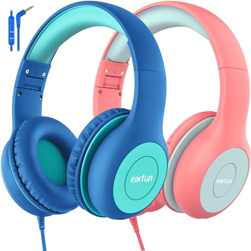 EarFun Lot de 2 écouteurs filaires pour enfants, limite de volume 85/94 dB, fonction de partage, son stéréo réglable, casque pour enfants, casque pour école/voyage/téléphone/tablette, bleu vert