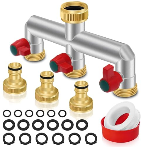 3 Way Brass Hose Tap Splitter with On/Off Valves, 3/4 Tap Connector with 3/4 BSP Threads Hose Pipe Fittings for Hose Pipe Fittings, Watering System, Ball Valves, Outside Tap Connector(B)