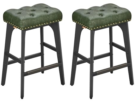 VASAGLE Barhocker 2er Set, Küchenstuhl, Kunstleder, dekorative Knöpfe und Niete, Massivholzbeine, 66 cm hoch, Hausbar, Esszimmer, einfache Montage, waldgrün LBC085C01