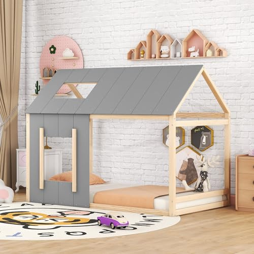 Moimhear Cuna de madera de 90 x 200 cm, con forma de casa, cama plana individual con techo y ventana (natural + pino), WX000803