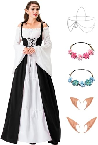 Damen Mittelalter Renaissance Kostüme Kleid Gothic Kleidung Steampunk Elfen Piraten Cosplay Karneval Kostüm Vintage Kleider mit mit Elfenohren Haarschmuck Socken für Fasching Halloween VL026S